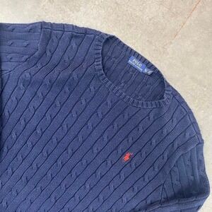 Polo Ralph Lauren Cable Knit Cotton Sweater Navy Blue Pony Logo Mens Size XL